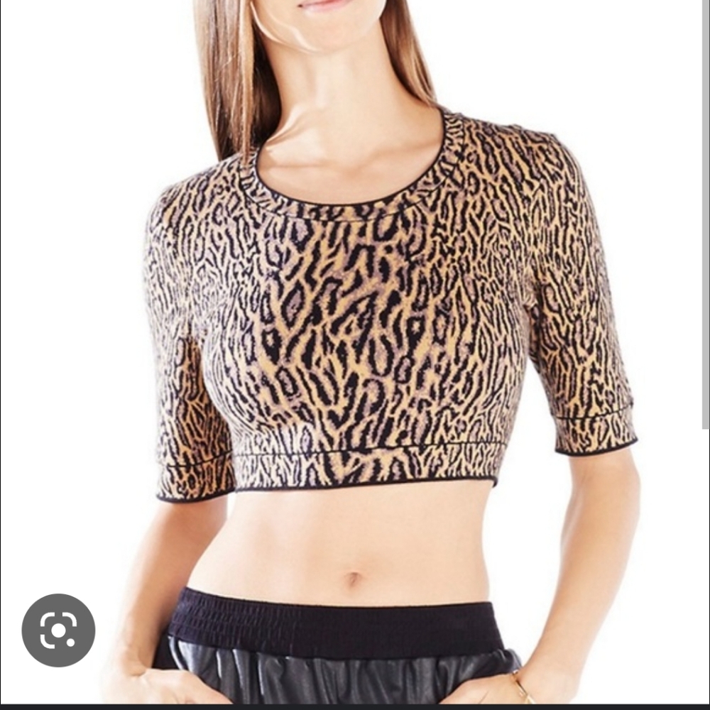 Womens BCBG Maxazria Isabelie Cheetah Print Crop Top Sweater Size M